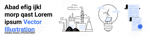 Industrial factory with smoke, renewable energy lightbulb with solar panel and wind turbine, checklist with pen. Ideal for environmental awareness, sustainability, industrial development, technology