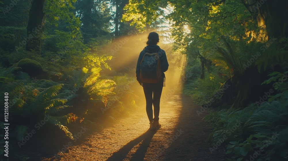 Woman hiking on sunlit forest path. Illustrates peace, adventure, and nature exploration. Woman hiking on sunlit forest path. Illustrates peace, adventure, and nature exploration.