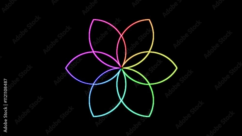 Animated flower model one with rainbow neon light effect in line art style on black screen Animated flower model one with rainbow neon light effect in line art style on black screen
