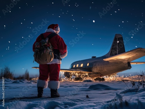 Santas Night Flight Christmas Eve Airplane Journey, Snowy Landscape photo