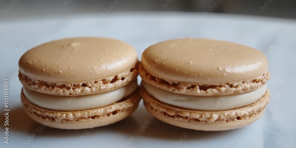 Two beige macarons with creamy filling on a marble surface. Two beige macarons with creamy filling on a marble surface.