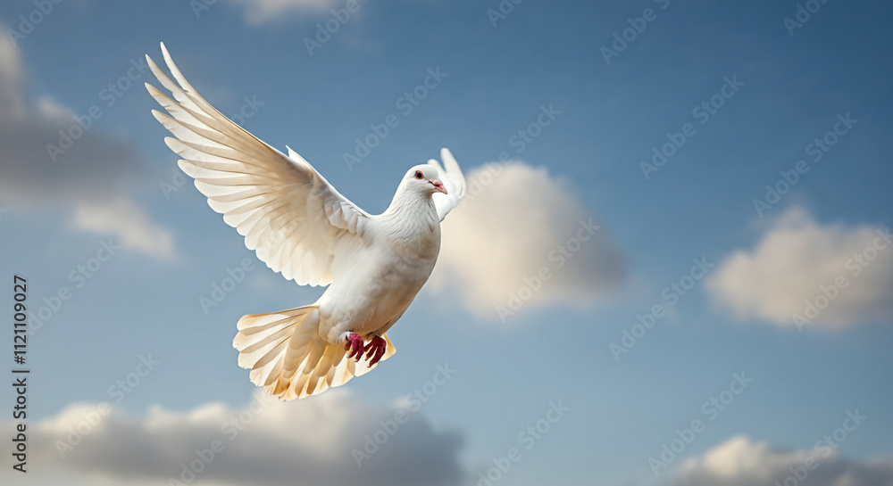 Obraz premium Close-up of a white dove in mid-flight with wings fully extended, against soft clouds