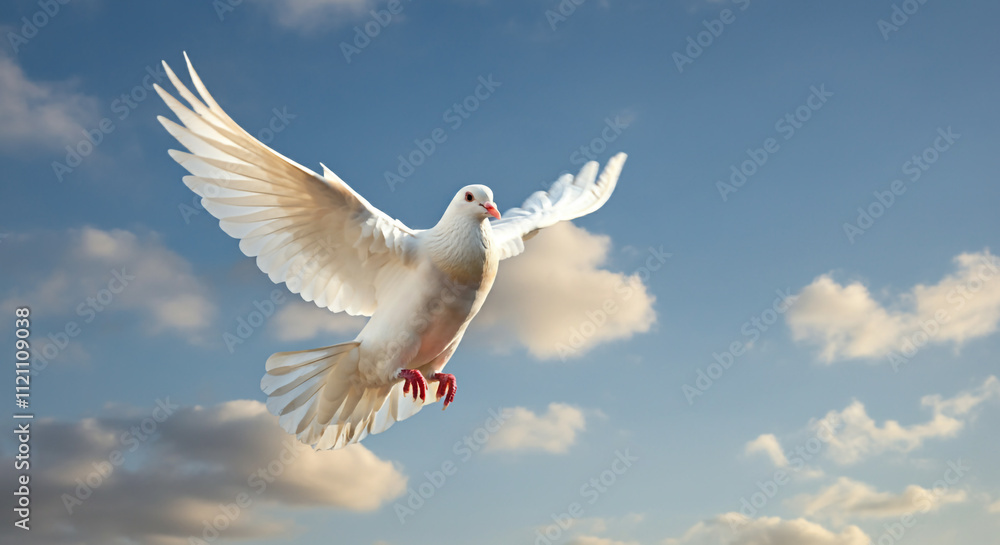Fototapeta premium A white dove soaring against a clear blue sky, wings spread wide and feathers detailed