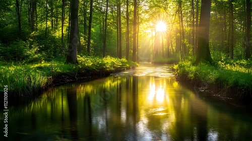 A tranquil river winding through a dense forest with the sun filtering through the trees