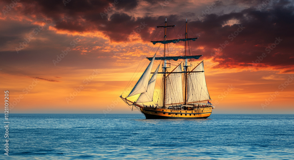 Obraz premium Tall ship under a fiery sunset sky