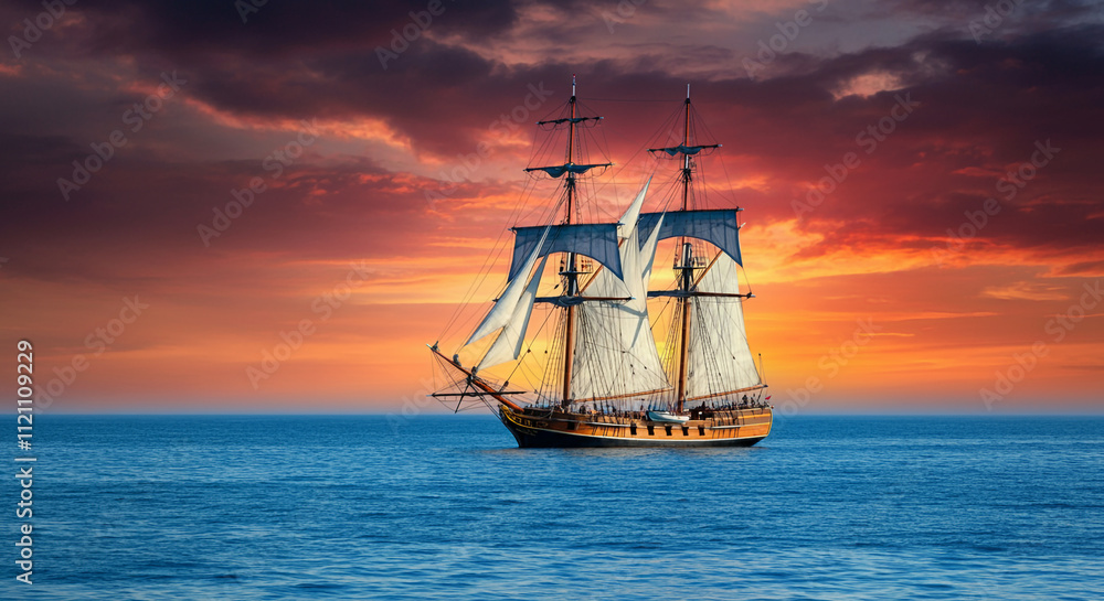 Fototapeta premium Historic tall ship sailing at sunset