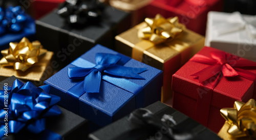 Elegant gift boxes with golden ribbons on a dark backdrop