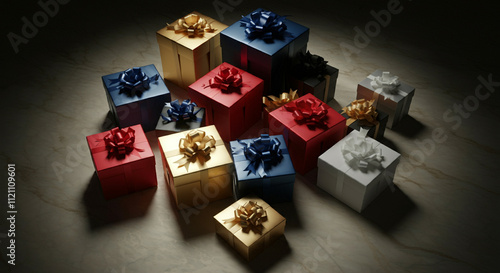 Pile of gift boxes on woode...