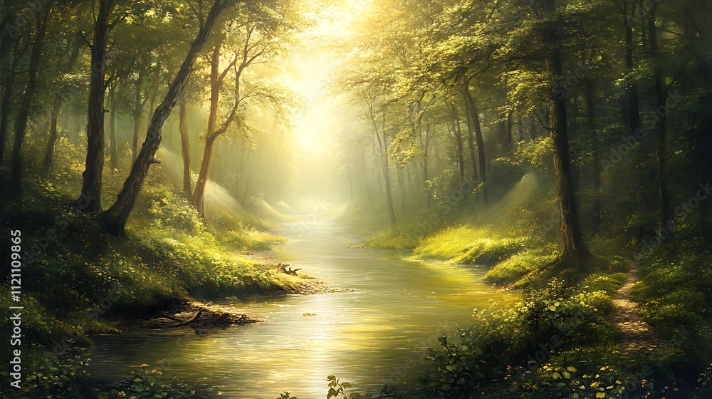 Obraz premium A tranquil river winding through a dense forest with the sound of running water and birds singing 