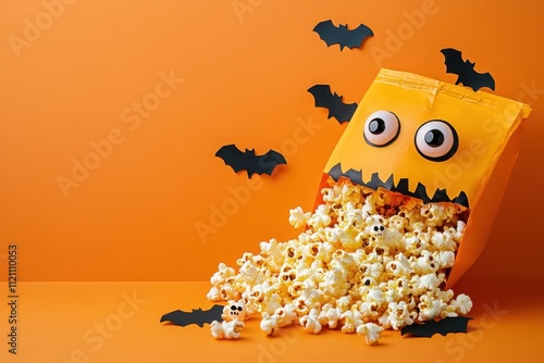 Halloween-themed popcorn with spooky decorations like bats- eyes- and bones spilling from a pumpkin bag on an orange background photo