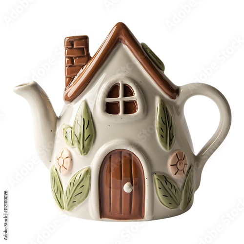 Whimsical ceramic teapot shaped like a fairytale cottage. photo