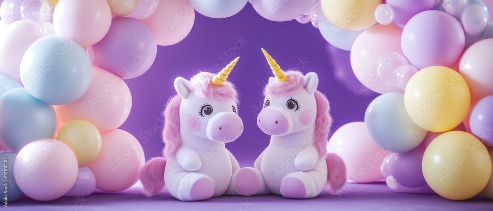 Adorable Pastel Unicorns Posing Amidst a Balloon Arch Adorable Pastel Unicorns Posing Amidst a Balloon Arch