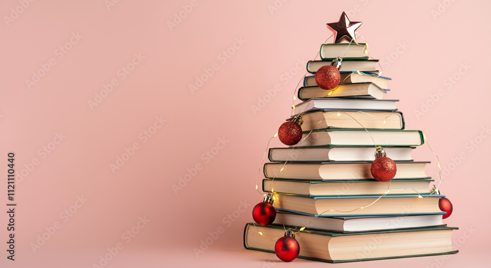 Books stacked with Christmas decorations and star topper Books stacked with Christmas decorations and star topper