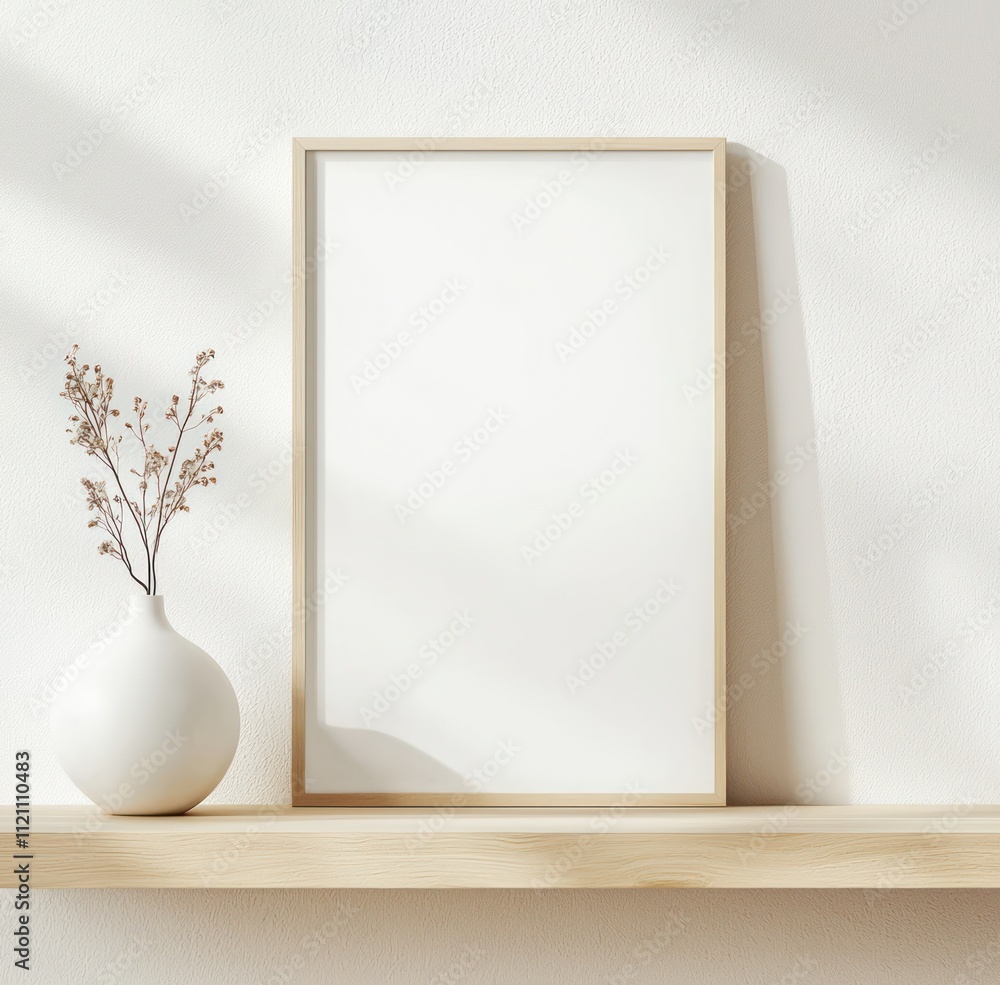White poster frame hanging on the wall next to a wood shelf with minimalist decor and a vase. White poster frame hanging on the wall next to a wood shelf with minimalist decor and a vase.