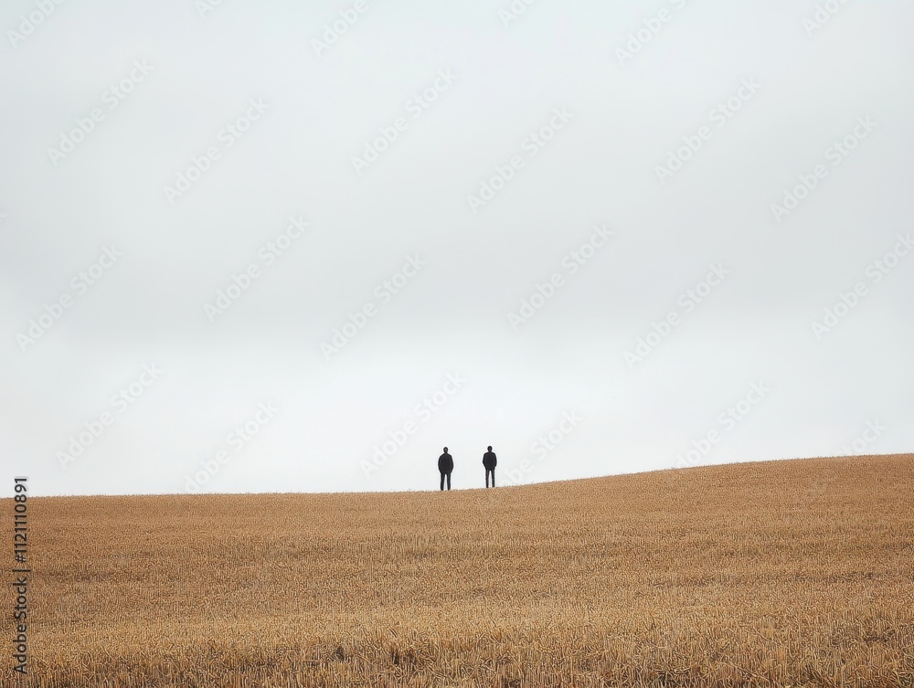 Fototapeta premium Two Figures in Golden Field Under a Pale Sky Solitude, Observation, and Vastness