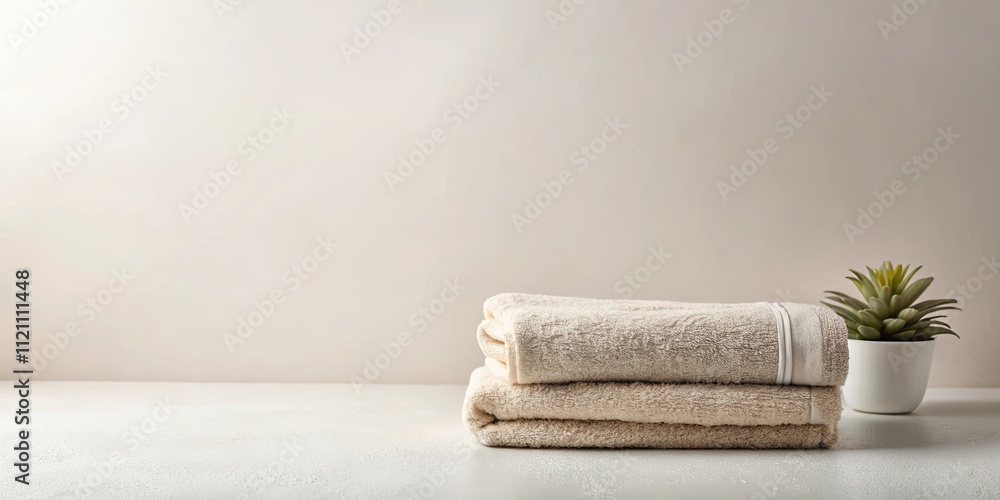Neatly stacked beige towels on a table next to a small potted plant against a light wall background Neatly stacked beige towels on a table next to a small potted plant against a light wall background