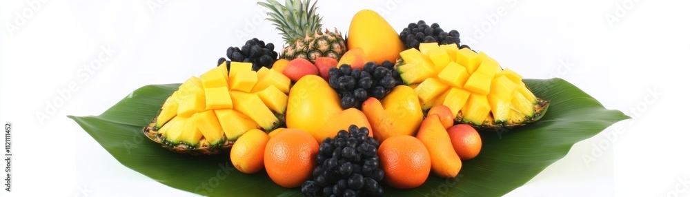 A vibrant arrangement of assorted fruits on a green leaf backdrop. A vibrant arrangement of assorted fruits on a green leaf backdrop.