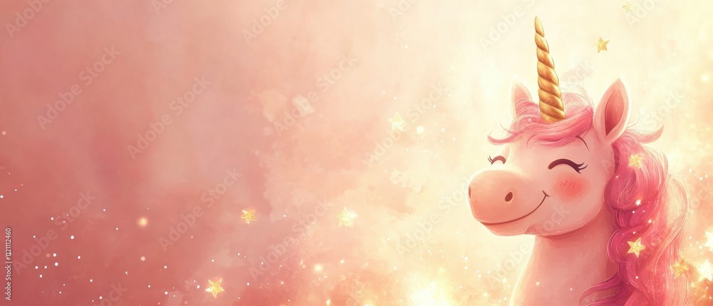 Fototapeta premium Adorable Pink Unicorn with Golden Horn in Magical Setting