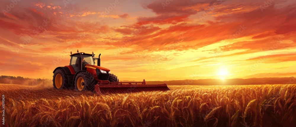 Fototapeta premium Majestic Sunset over Golden Wheat Field with Modern Tractor Harvesting