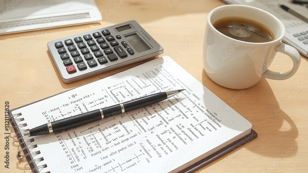 Accounting concept. Notebook with calculator and coffee cup on wooden table Accounting concept. Notebook with calculator and coffee cup on wooden table