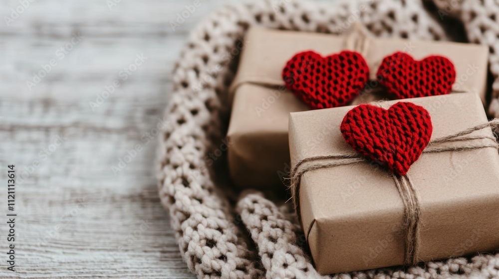 Wrapped gifts adorned with red heart shapes, resting on a cozy knitted blanket, evoke warmth and love, perfect for special occasions or celebrations. Wrapped gifts adorned with red heart shapes, resting on a cozy knitted blanket, evoke warmth and love, perfect for special occasions or celebrations.