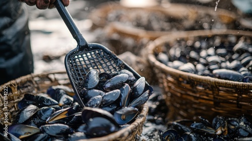 Fresh Mussels Harvesting Baskets, Gloved Hands, Seafood, Coastal, Ocean, Wicker, Scooping, Shellfish