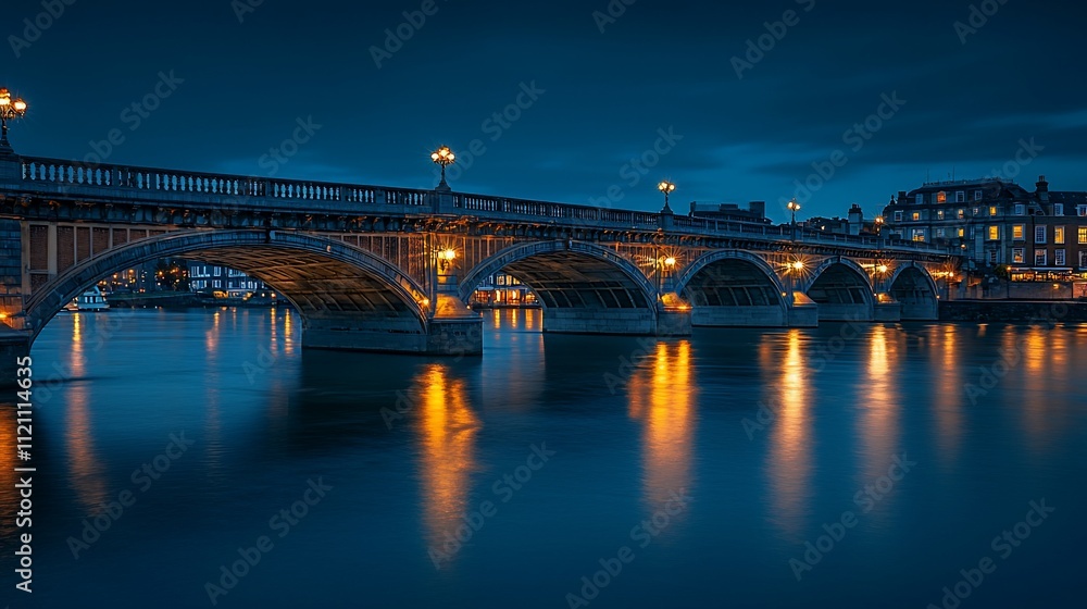 Illuminated stone bridge spanning river at twilight. Illuminated stone bridge spanning river at twilight.