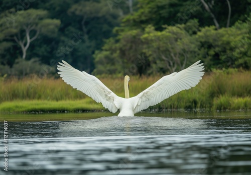 White wan running on a lake in sunny morning. Common Eurasian swan swimming on a lake. Beautiful swan swims on clear water pond. photo