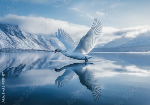 White wan running on a lake in sunny morning. Common Eurasian swan swimming on a lake. Beautiful swan swims on clear water pond. photo