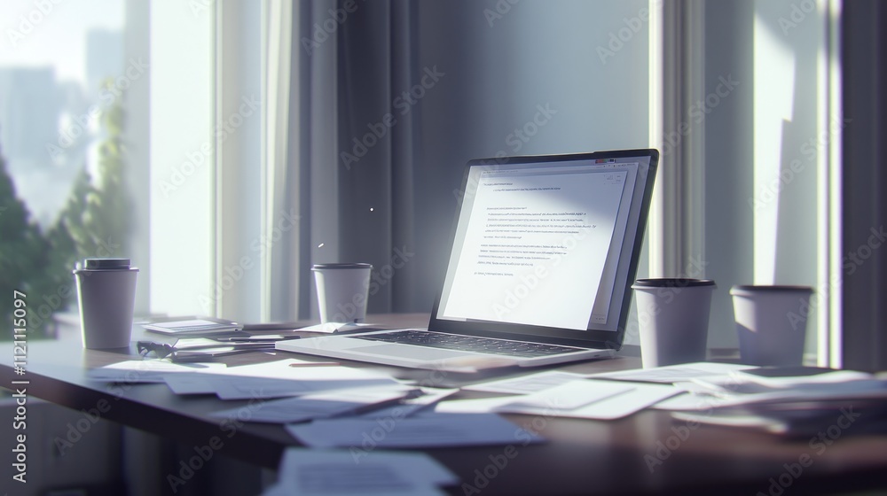A cluttered workspace with a laptop, papers, and coffee cups, suggesting productivity. A cluttered workspace with a laptop, papers, and coffee cups, suggesting productivity.