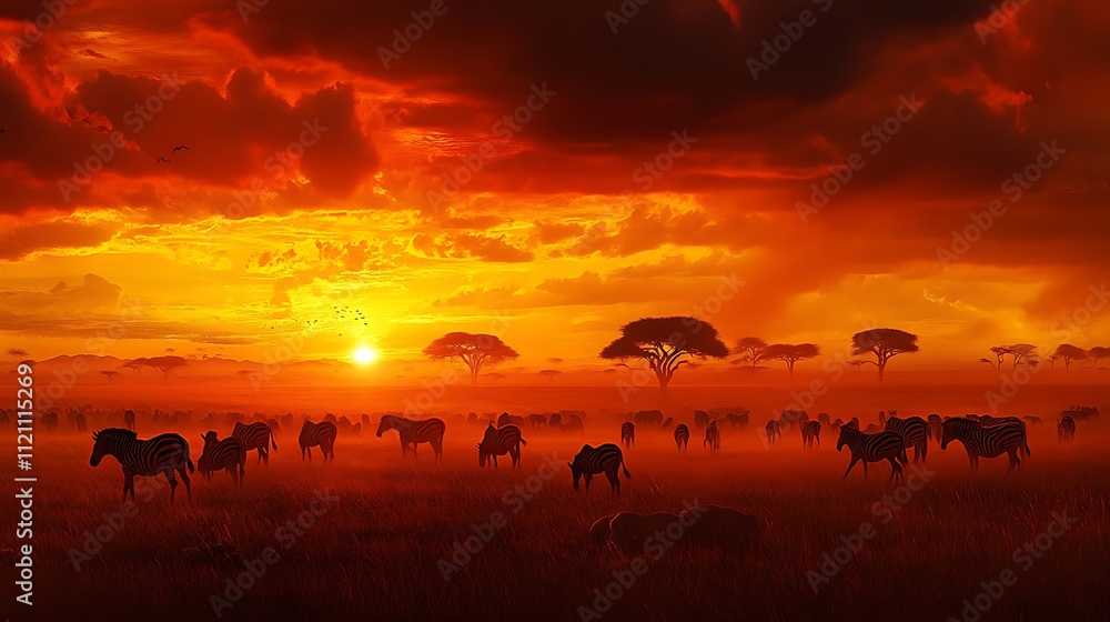 A vast savannah at dusk with acacia trees silhouetted against a fiery sky and a herd of zebras grazing A vast savannah at dusk with acacia trees silhouetted against a fiery sky and a herd of zebras grazing