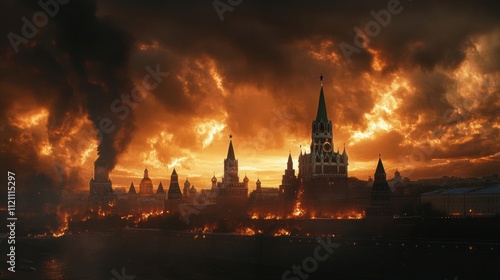 Devastating fire engulfs historical kremlin at dusk dramatic landscape photography chaotic atmosphere dark mood
