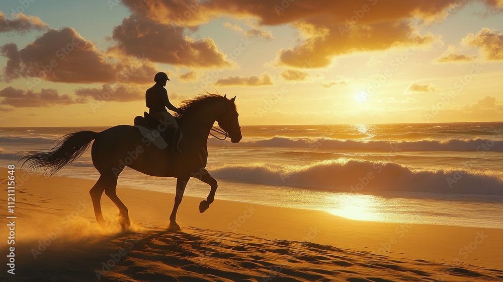 A silhouette of a rider on a horse galloping along a beach at sunset. A silhouette of a rider on a horse galloping along a beach at sunset.