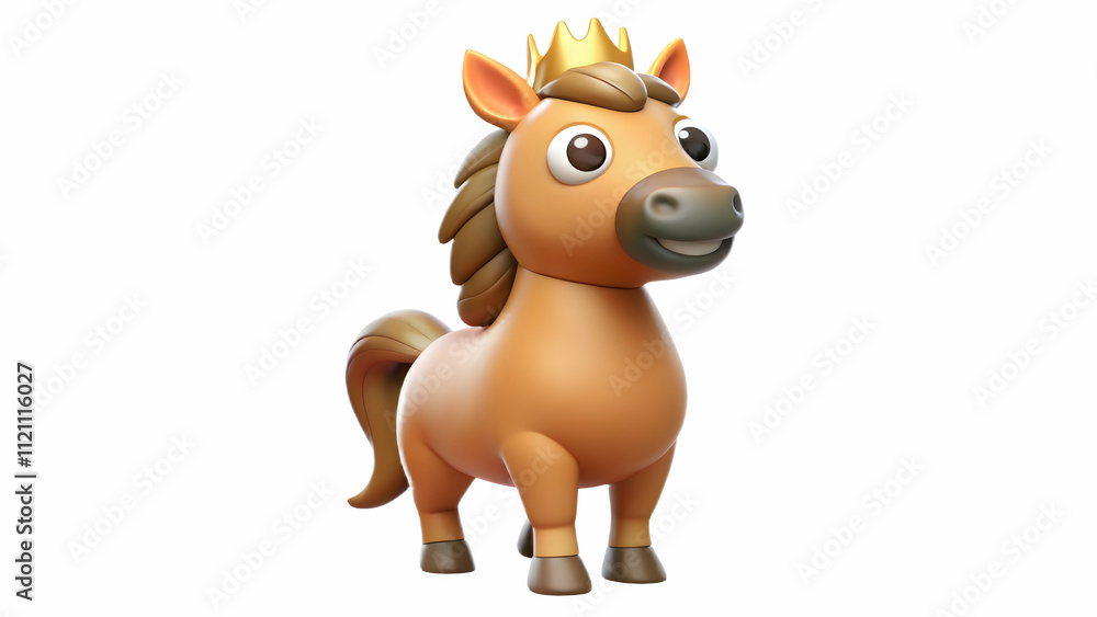 Animal A 3D cute horse mascot standing on its hind legs with a tiny crown on its head, striking a royal pose, isolated on a white background Animal A 3D cute horse mascot standing on its hind legs with a tiny crown on its head, striking a royal pose, isolated on a white background