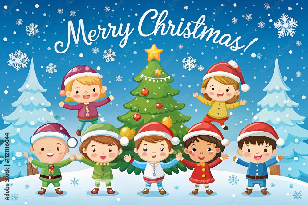 Happy children celebrating Christmas around a decorated tree in a snowy landscape. (1) Happy children celebrating Christmas around a decorated tree in a snowy landscape. (1)