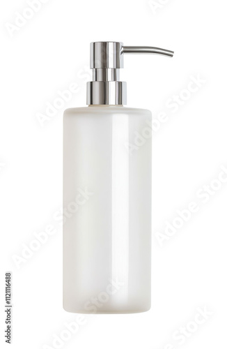 Minimalist white dispenser bottle with a sleek metallic pump, ideal for liquid soap, lotion, or other toiletries. Suitable for various bathroom decors. Isolated on transparent background, png.