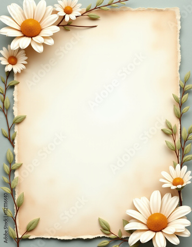 Handmade paper background with daisy border photo