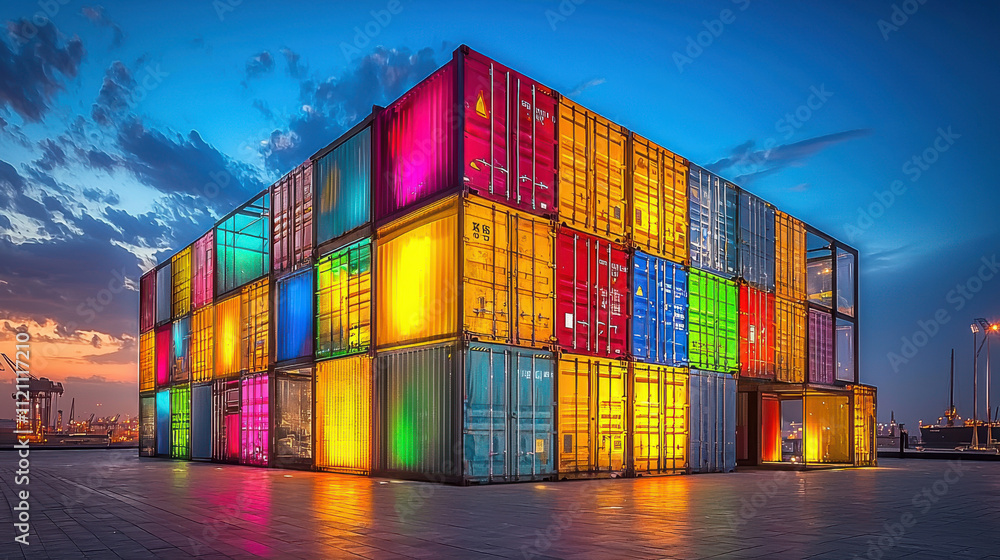 Fototapeta premium Container stack concept. Vivid illuminated container stacks create stunning night scene
