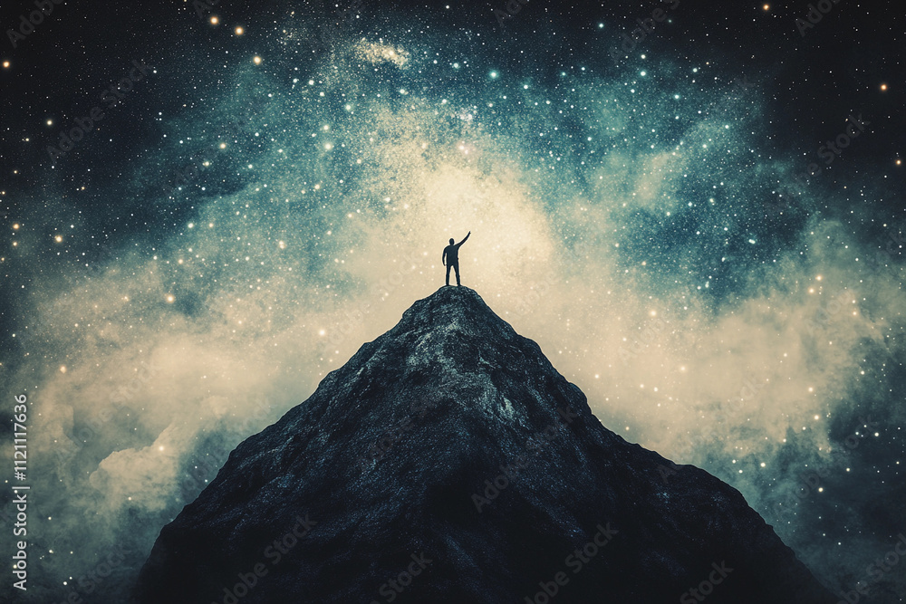 Person stands triumphantly on a mountain peak under a starry night sky filled with swirling galaxies and cosmic light. Generative AI Person stands triumphantly on a mountain peak under a starry night sky filled with swirling galaxies and cosmic light. Generative AI