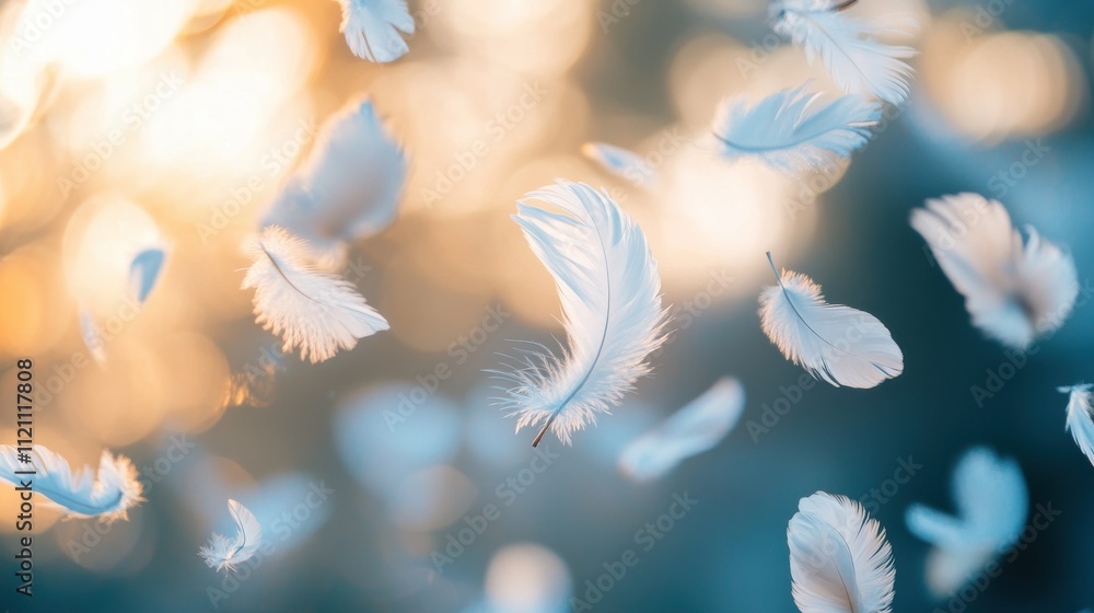 Fototapeta premium Floating White Feathers in Soft Sunset Light, Gentle Breeze, Airy Scene