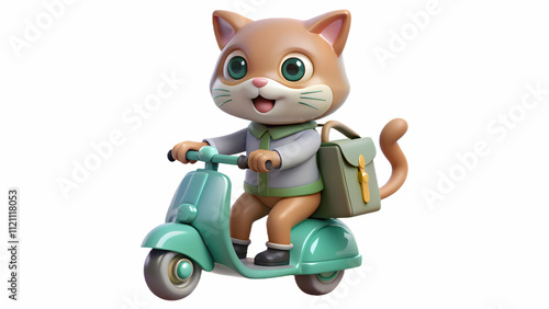 Animal A 3D cute cat mascot riding a scooter with a small backpack on, looking adventurous, isolated on a white background (2)