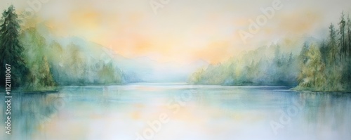 Serene watercolor landscape depicting a tranquil lake surrounded by misty mountains and trees.