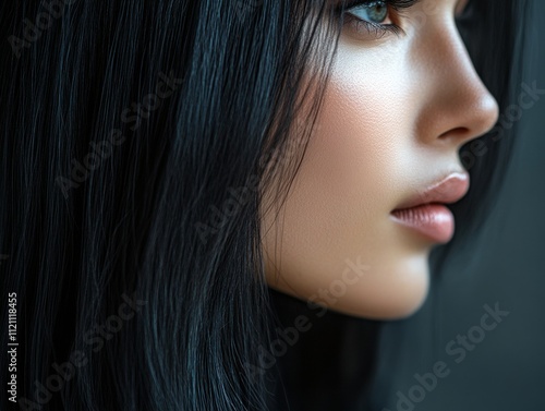 A woman with long black hair and a blue eye