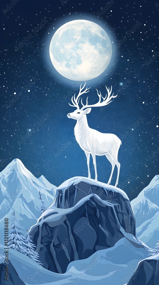 A majestic white deer with perfect antlers, on the mountain and the beautiful view of the full moon at night A majestic white deer with perfect antlers, on the mountain and the beautiful view of the full moon at night