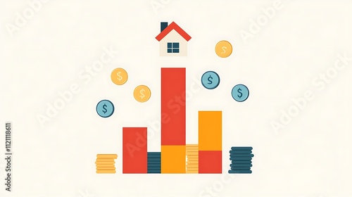 House icon on top of a growing bar graph with coins, symbolizing increasing property value and investment returns.