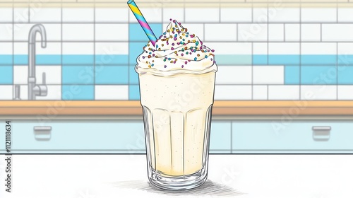 A creamy milkshake topped with whipped cream and colorful sprinkles in a glass.