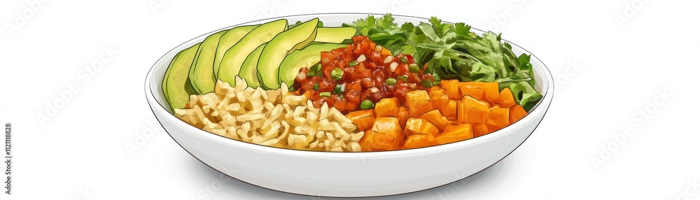 A colorful bowl featuring grains, vegetables, and toppings, ideal for a healthy meal. A colorful bowl featuring grains, vegetables, and toppings, ideal for a healthy meal.