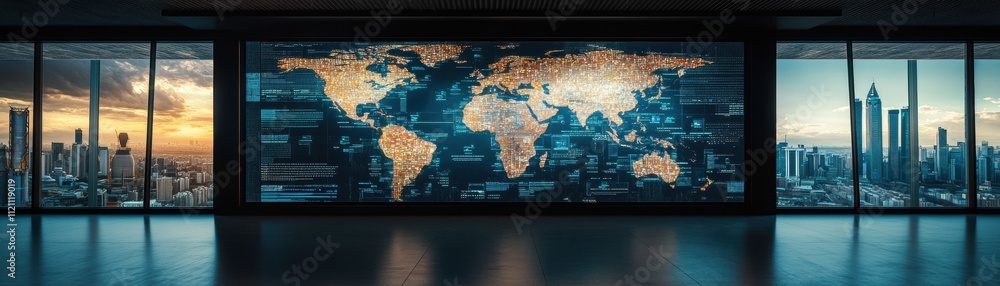 Global business insights modern office digital world map urban environment panoramic view technology and innovation Global business insights modern office digital world map urban environment panoramic view technology and innovation