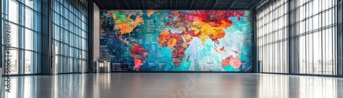 Exploring global cultures modern exhibition hall digital map artwork urban environment wide-angle view cultural awareness