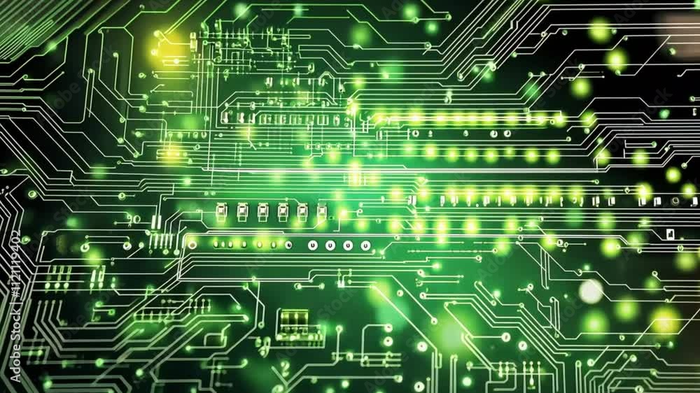 Detailed image of a luminous green circuit board, revealing a network of intricate designs and shimmering components that embody the constant evolution and innovation within the realm of technology. Detailed image of a luminous green circuit board, revealing a network of intricate designs and shimmering components that embody the constant evolution and innovation within the realm of technology.